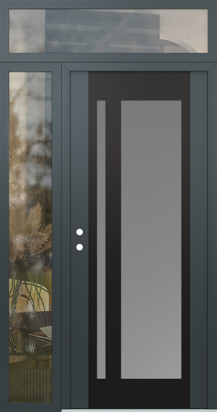 Modern Steel Front Door Diamond C15 50" x 96" anthracite/anthracite frosted Glass Panel black RHI with Sidelite and Transom clear Glass