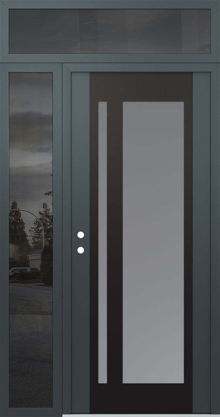 Modern Steel Front Door Diamond C15 50" x 96" anthracite/anthracite frosted Glass Panel black RHI with Sidelite and Transom mirrored Glass