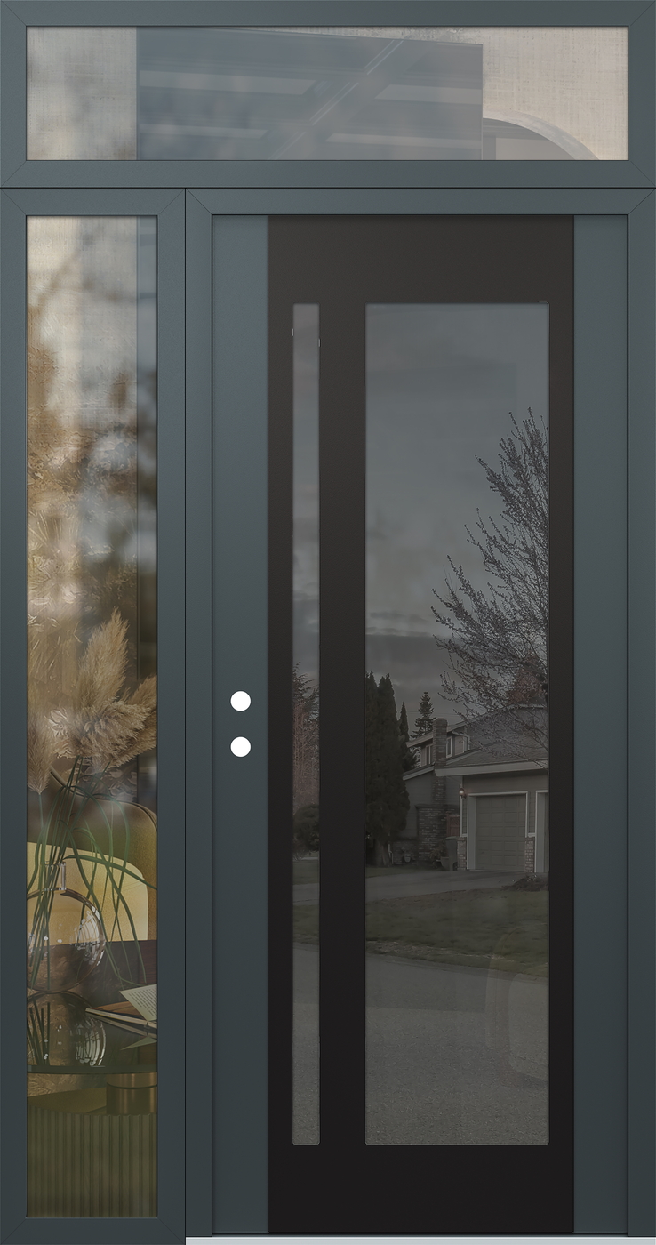 Modern Steel Front Door Diamond C15 50" x 96" anthracite/anthracite mirrored Glass Panel black RHI with Sidelite and Transom clear Glass
