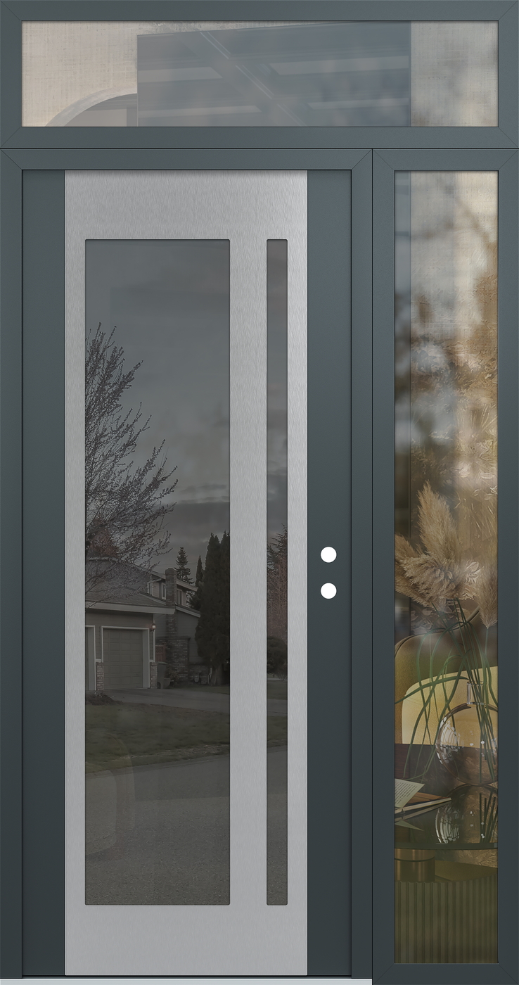Modern Steel Front Door Diamond C15 50" x 96" anthracite/anthracite mirrored Glass Panel stainless steel LHI with Sidelite and Transom clear Glass