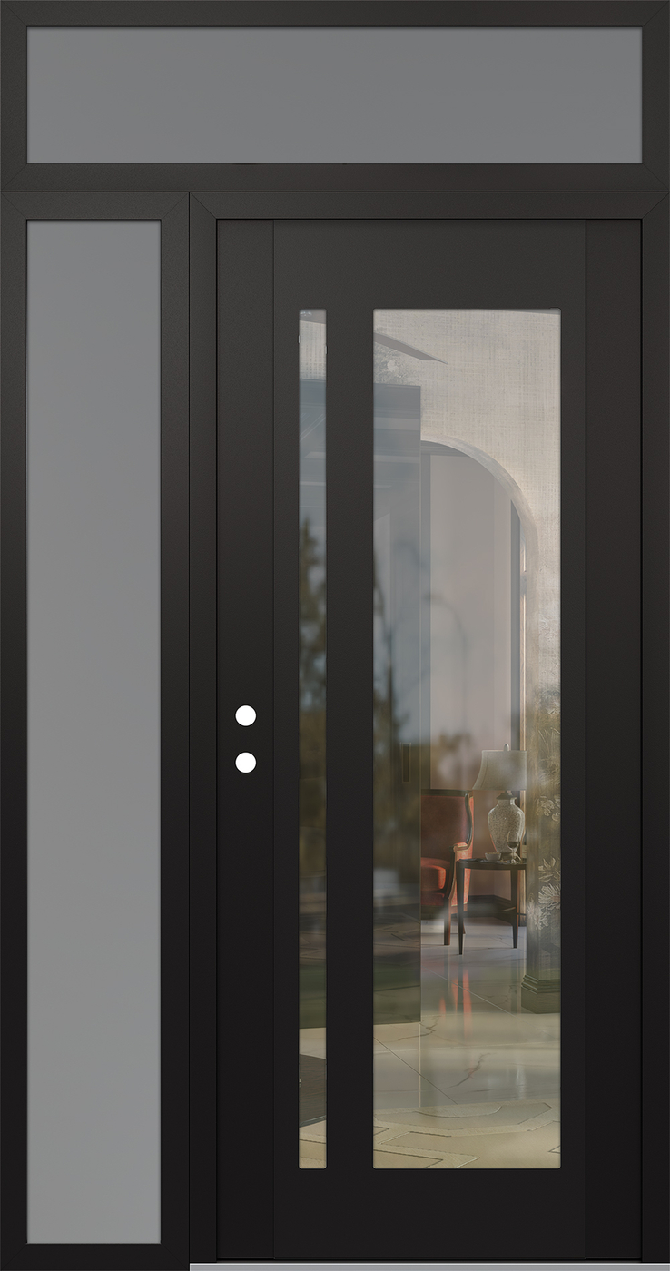 Modern Steel Front Door Diamond C15 50" x 96" black/black clear Glass Panel black RHI with Sidelite and Transom frosted Glass