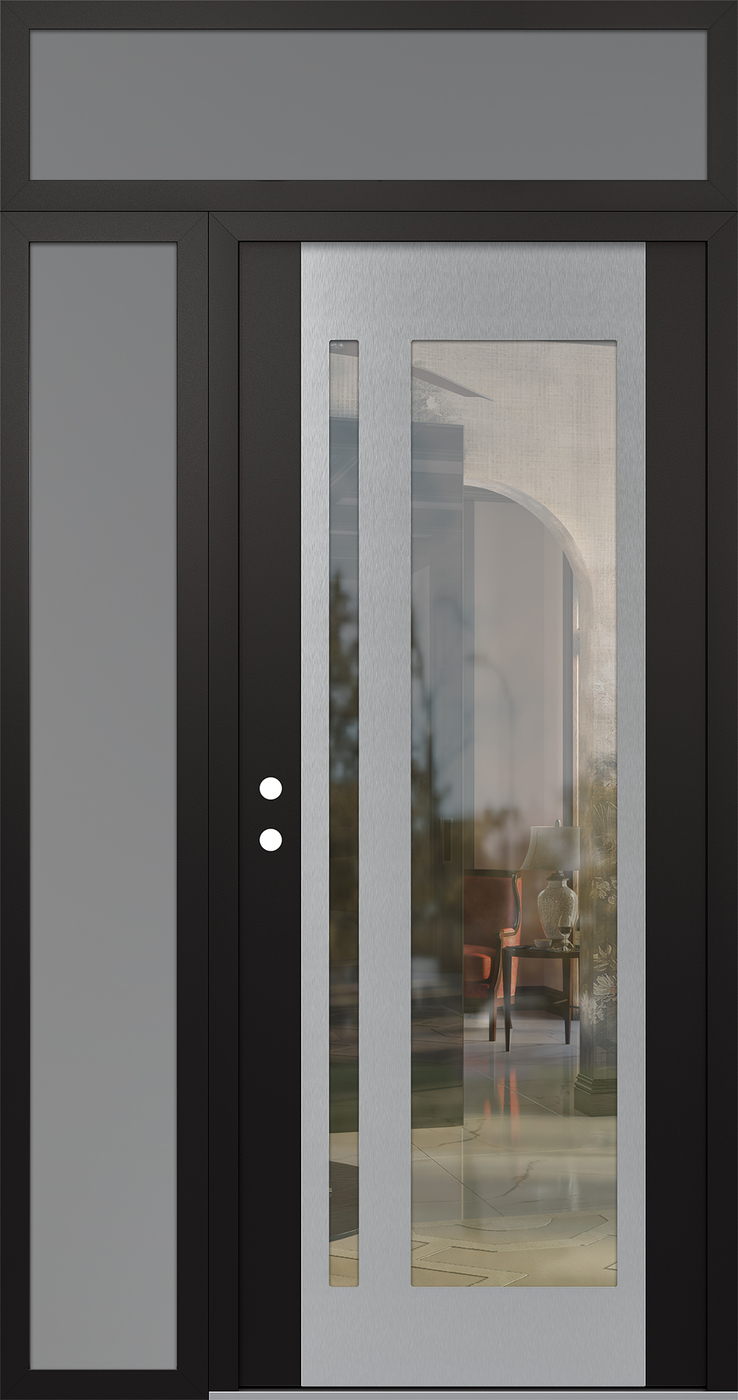 Modern Steel Front Door Diamond C15 50" x 96" black/black clear Glass Panel stainless steel RHI with Sidelite and Transom frosted Glass