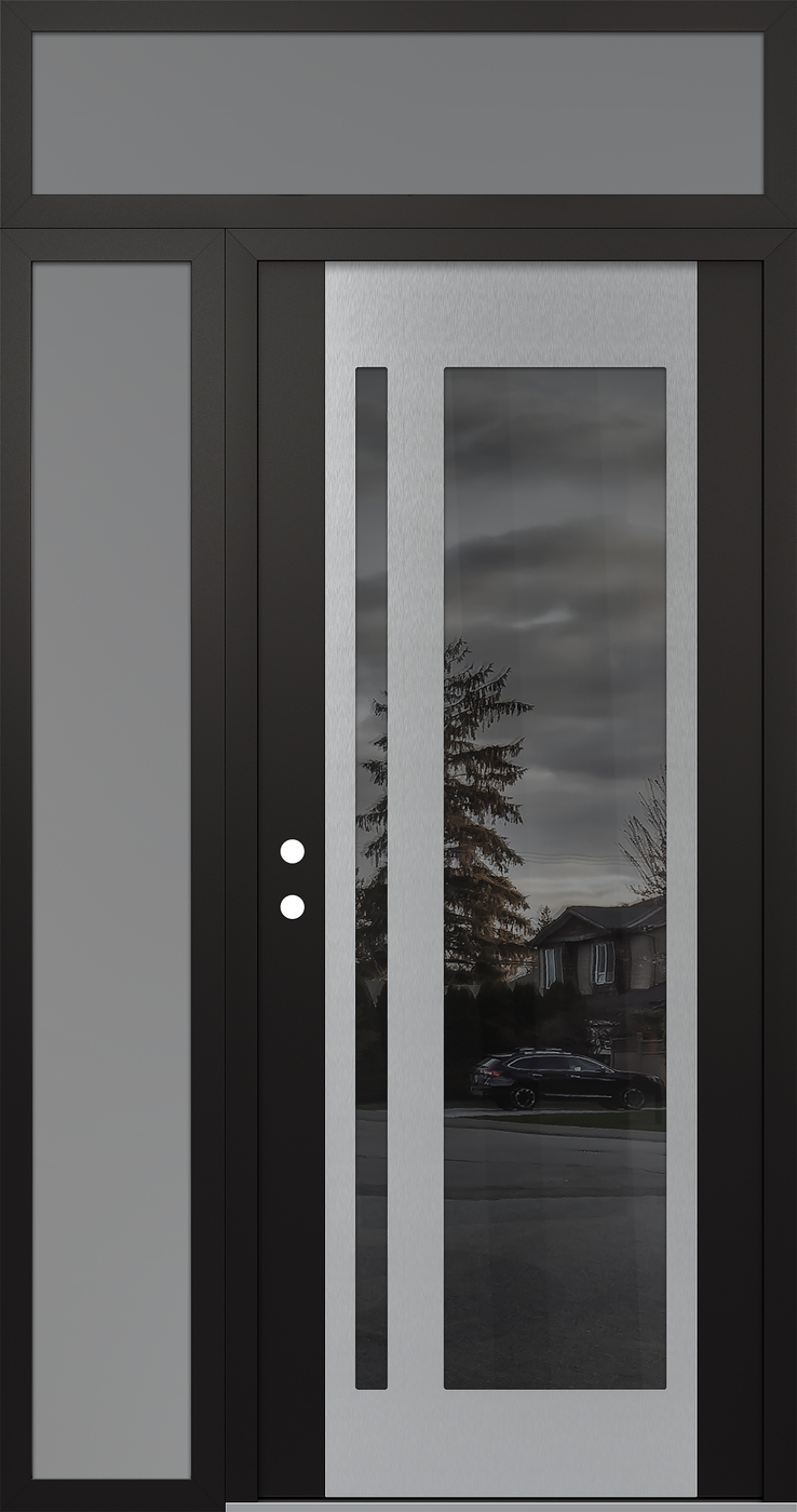 Modern Steel Front Door Diamond C15 50" x 96" black/black mirrored Glass Panel stainless steel RHI with Sidelite and Transom frosted Glass
