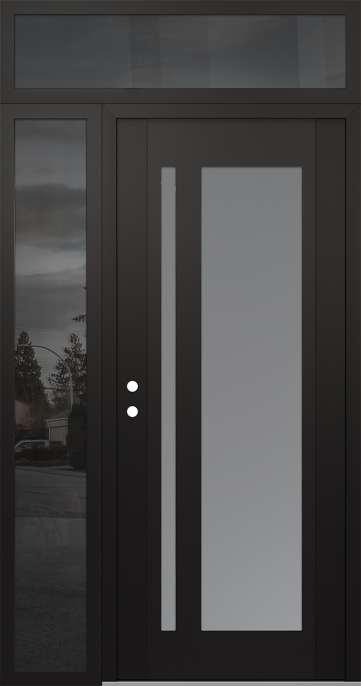 Modern Steel Front Door Diamond C15 50" x 96" black/white frosted Glass Panel black RHI with Sidelite and Transom mirrored Glass