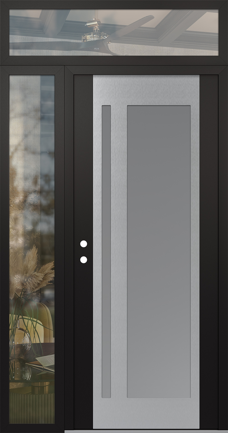 Modern Steel Front Door Diamond C15 50" x 96" black/white frosted Glass Panel stainless steel RHI with Sidelite and Transom clear Glass
