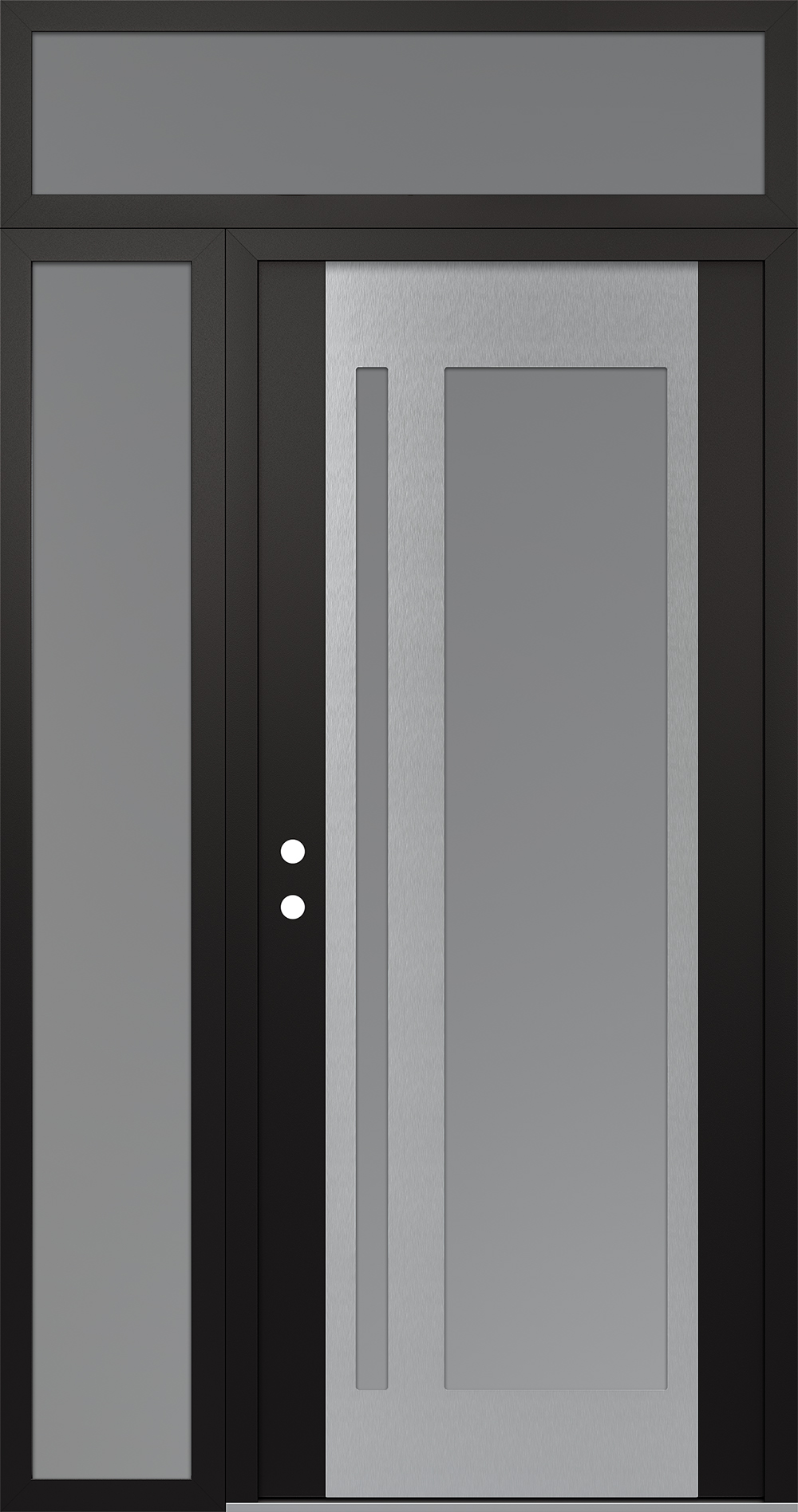 Modern Steel Front Door Diamond C15 50" x 96" black/white frosted Glass Panel stainless steel RHI with Sidelite and Transom frosted Glass
