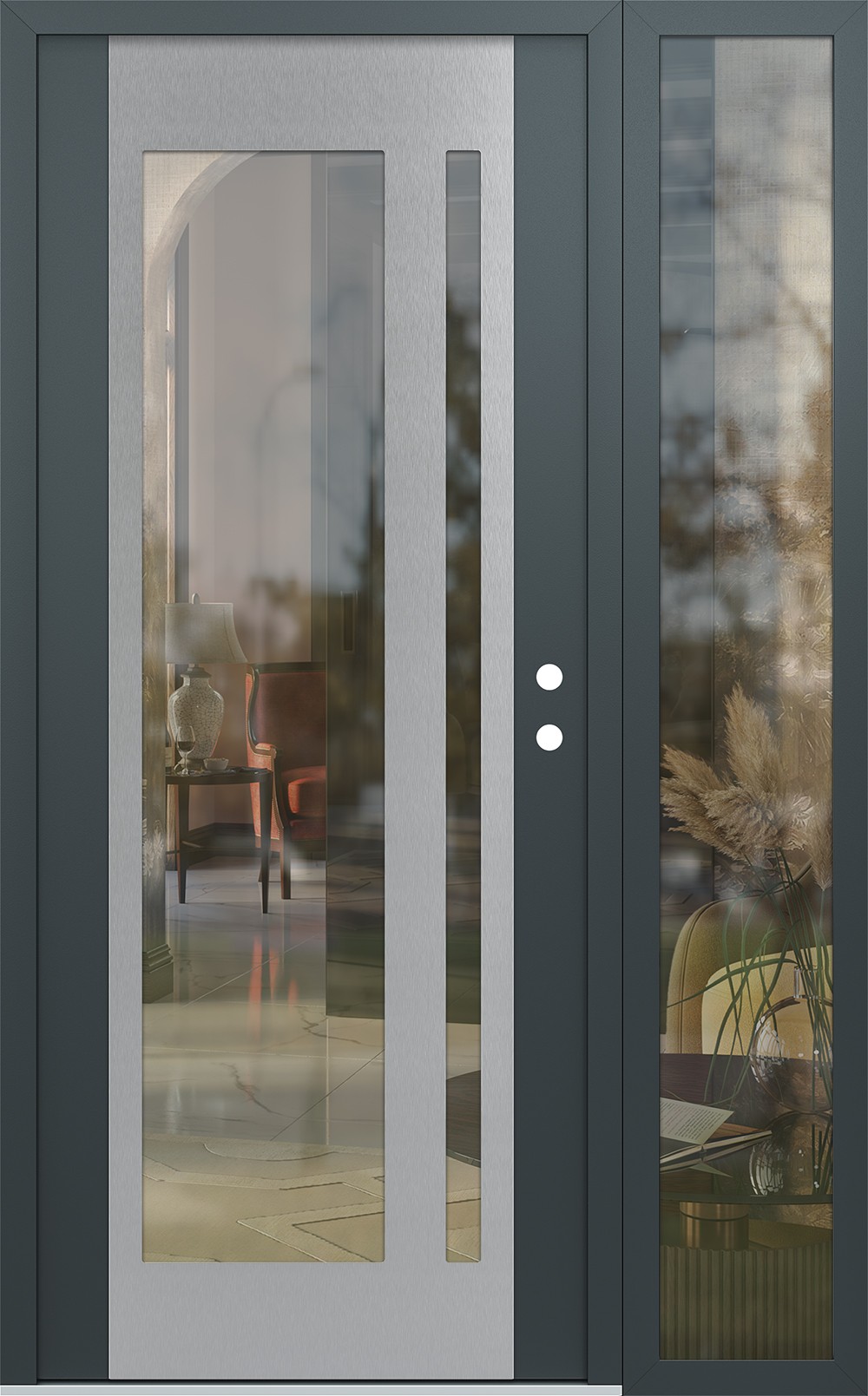 Modern Steel Front Door Diamond C15 52" x 80" anthracite/anthracite clear Glass Panel stainless steel LHI with Sidelite clear Glass