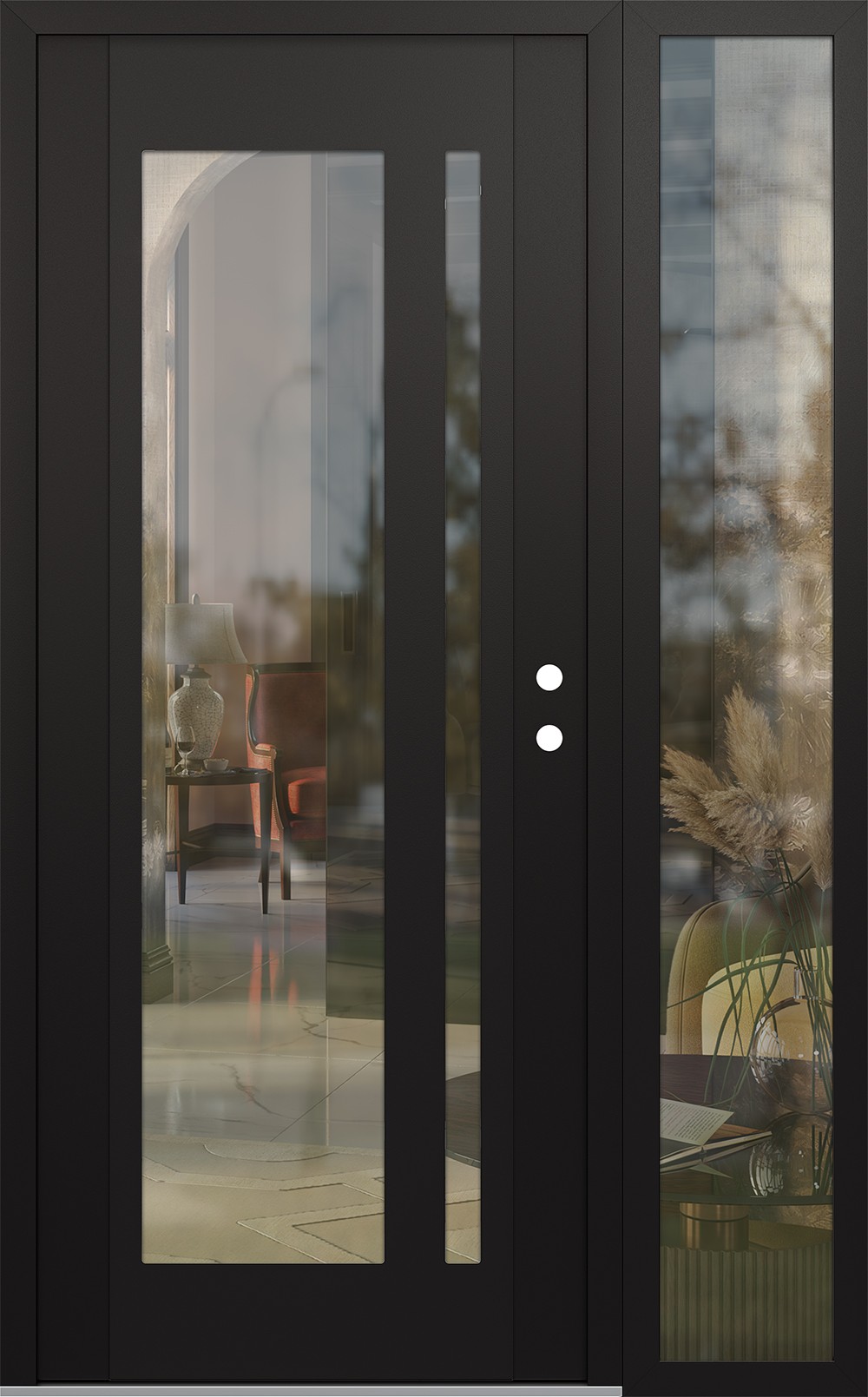 Modern Steel Front Door Diamond C15 52" x 80" black/black clear Glass Panel black LHI with Sidelite clear Glass