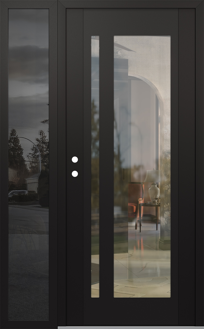 Modern Steel Front Door Diamond C15 52" x 80" black/black clear Glass Panel black RHI with Sidelite mirrored Glass