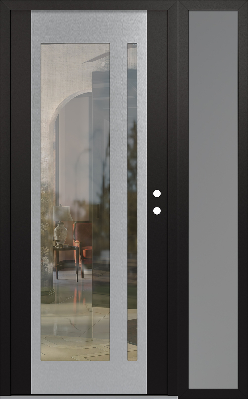 Modern Steel Front Door Diamond C15 52" x 80" black/black clear Glass Panel stainless steel LHI with Sidelite frosted Glass
