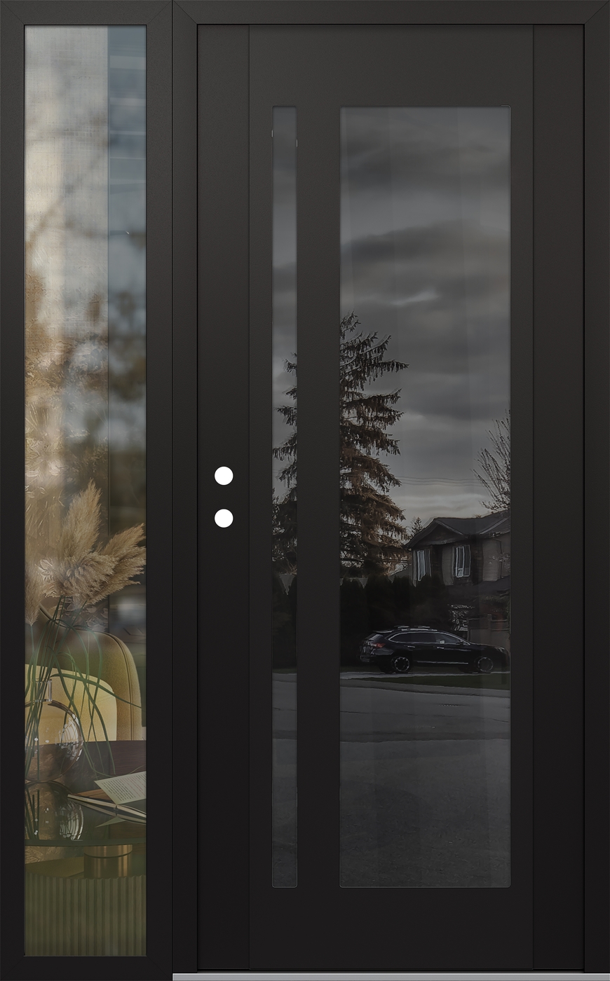 Modern Steel Front Door Diamond C15 52" x 80" black/black mirrored Glass Panel black RHI with Sidelite clear Glass