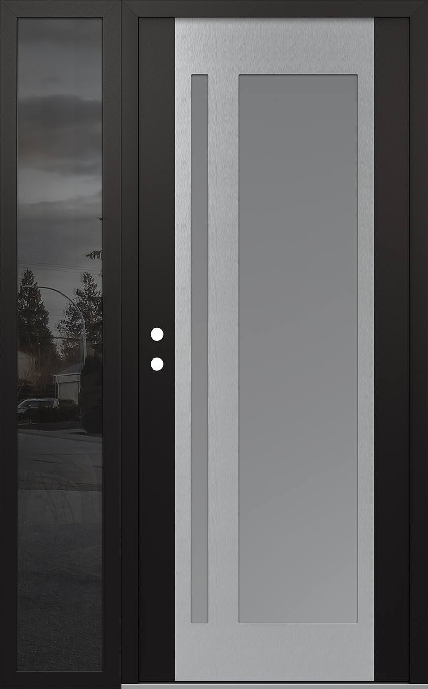 Modern Steel Front Door Diamond C15 52" x 80" black/white frosted Glass Panel stainless steel RHI with Sidelite mirrored Glass