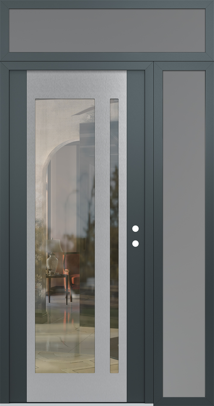Modern Steel Front Door Diamond C15 52" x 96" anthracite/anthracite clear Glass Panel stainless steel LHI with Sidelite and Transom frosted Glass