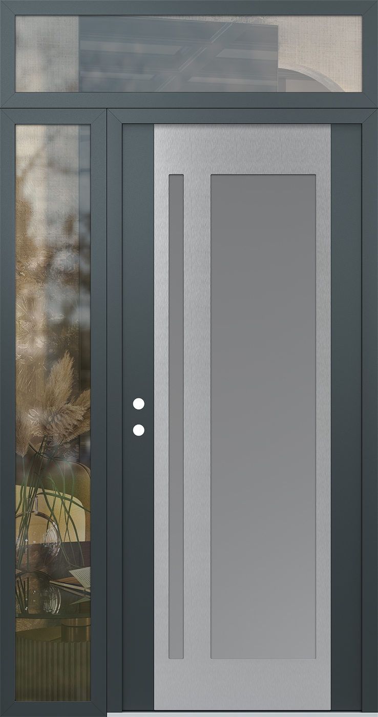 Modern Steel Front Door Diamond C15 52" x 96" anthracite/anthracite frosted Glass Panel stainless steel RHI with Sidelite and Transom clear Glass