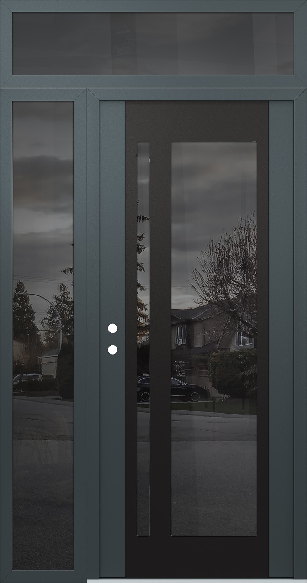 Modern Steel Front Door Diamond C15 52" x 96" anthracite/anthracite mirrored Glass Panel black RHI with Sidelite and Transom mirrored Glass