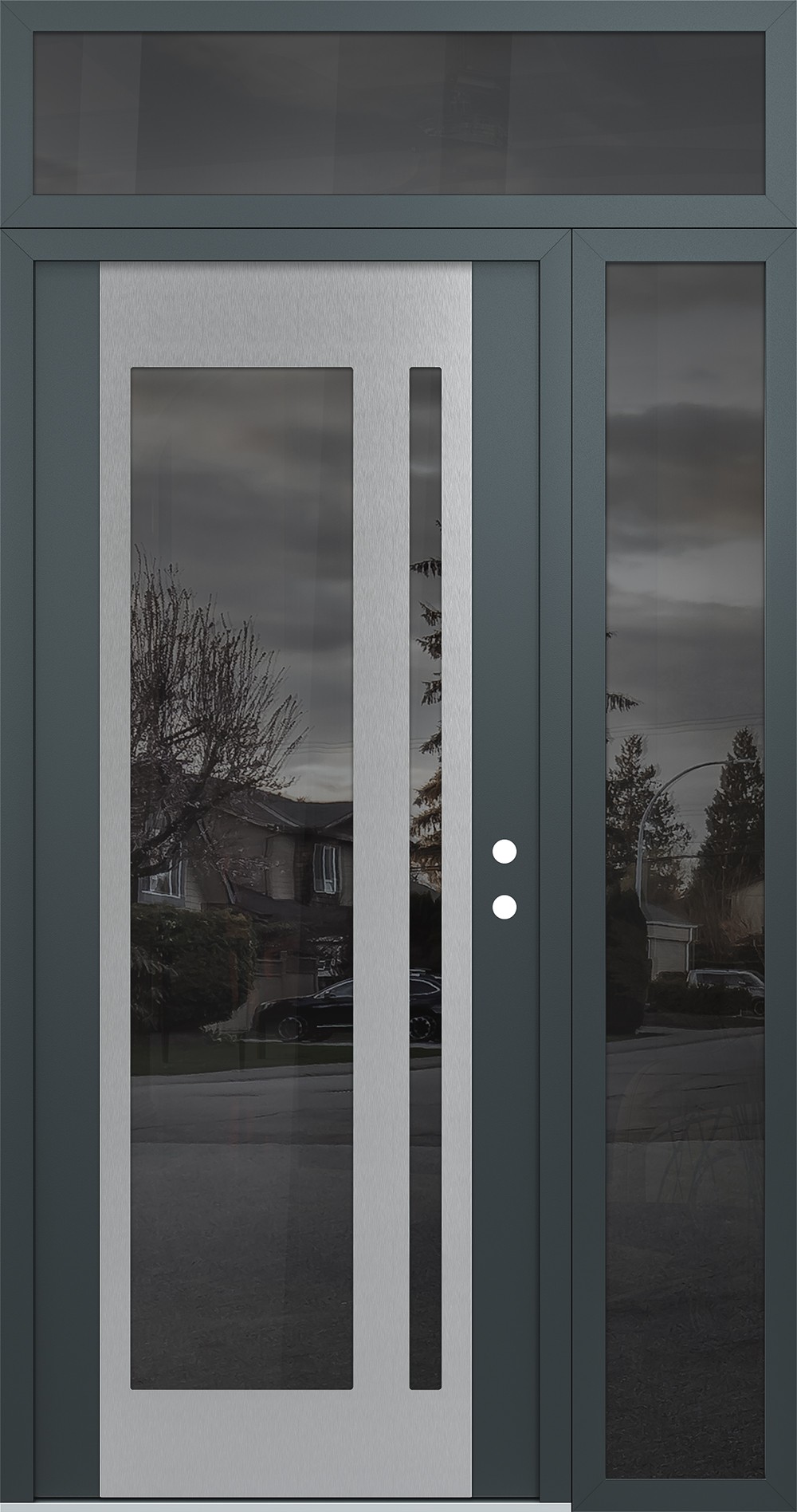 Modern Steel Front Door Diamond C15 52" x 96" anthracite/anthracite mirrored Glass Panel stainless steel LHI with Sidelite and Transom mirrored Glass