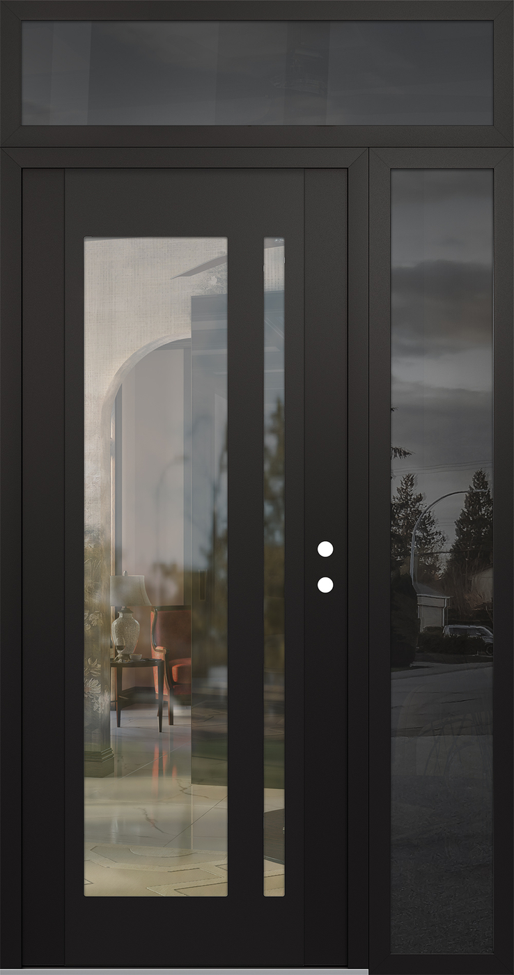 Modern Steel Front Door Diamond C15 52" x 96" black/black clear Glass Panel black LHI with Sidelite and Transom mirrored Glass