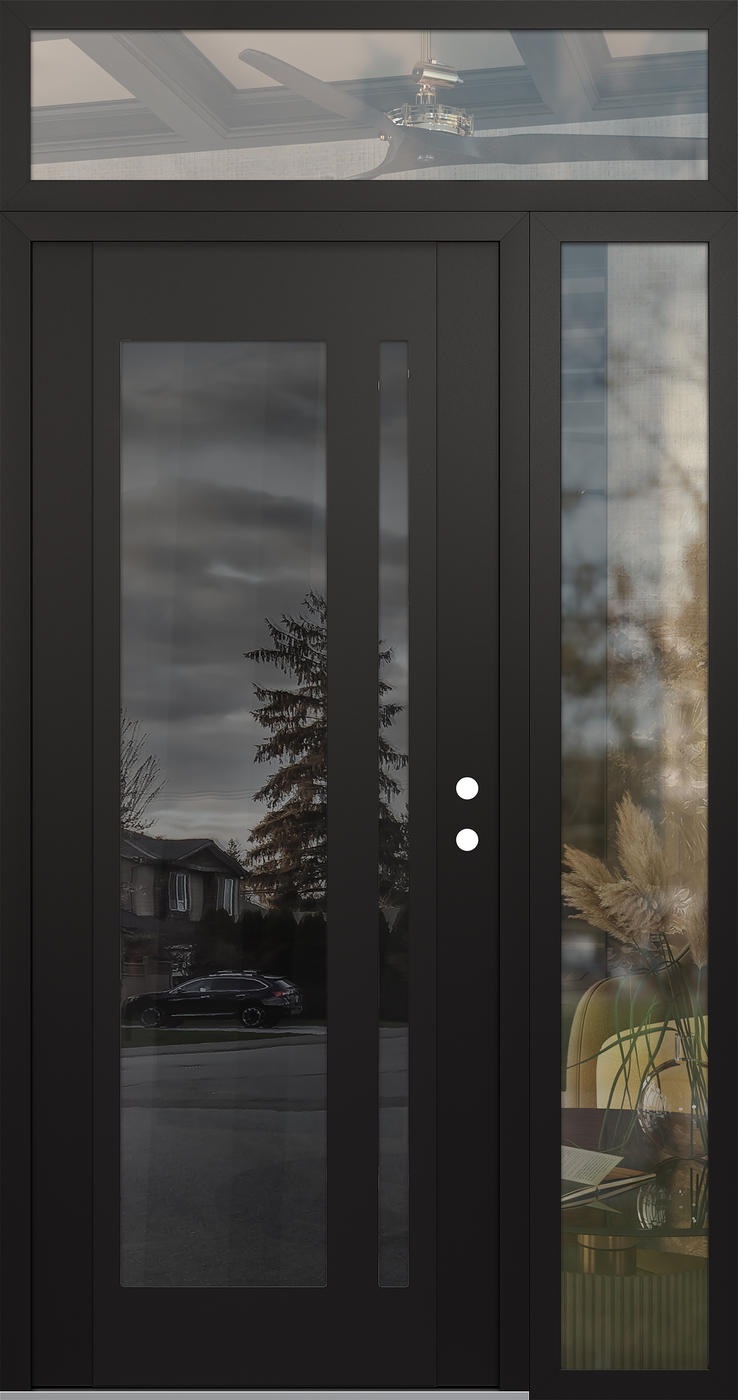 Modern Steel Front Door Diamond C15 52" x 96" black/black mirrored Glass Panel black LHI with Sidelite and Transom clear Glass