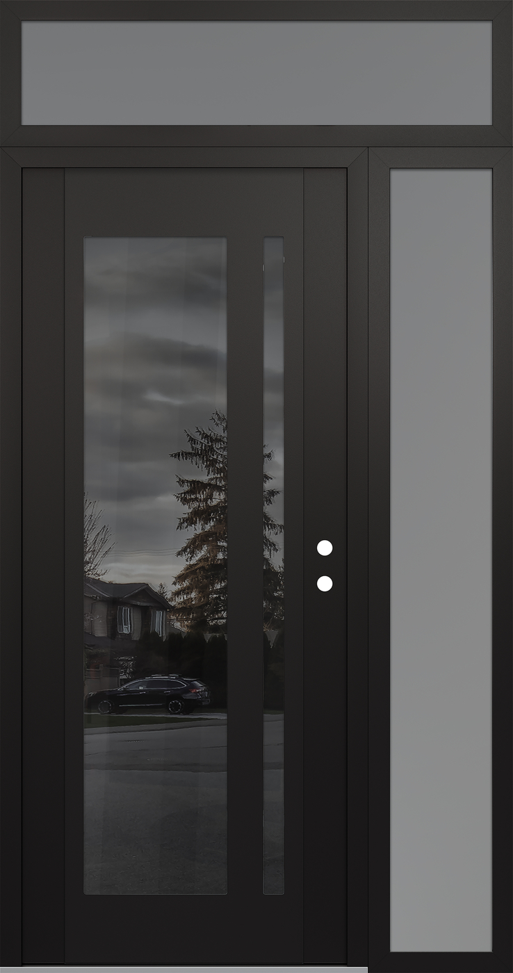 Modern Steel Front Door Diamond C15 52" x 96" black/black mirrored Glass Panel black LHI with Sidelite and Transom frosted Glass