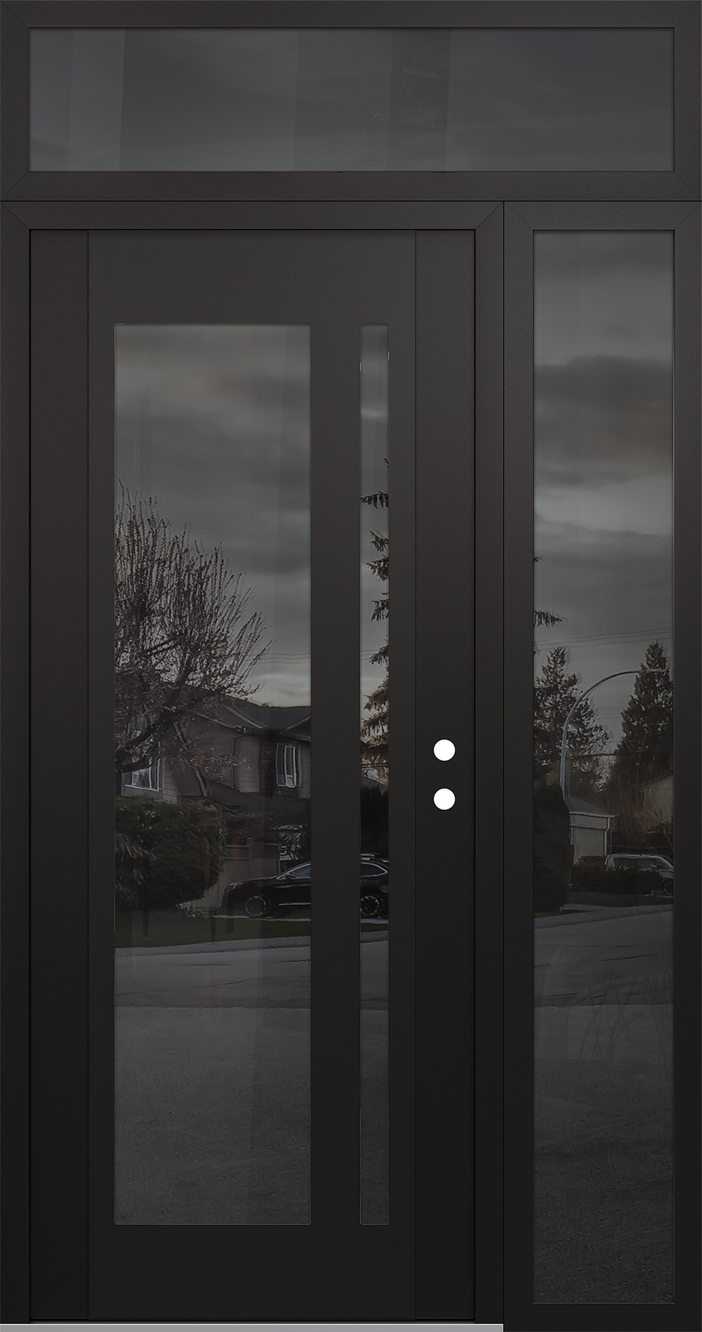 Modern Steel Front Door Diamond C15 52" x 96" black/black mirrored Glass Panel black LHI with Sidelite and Transom mirrored Glass