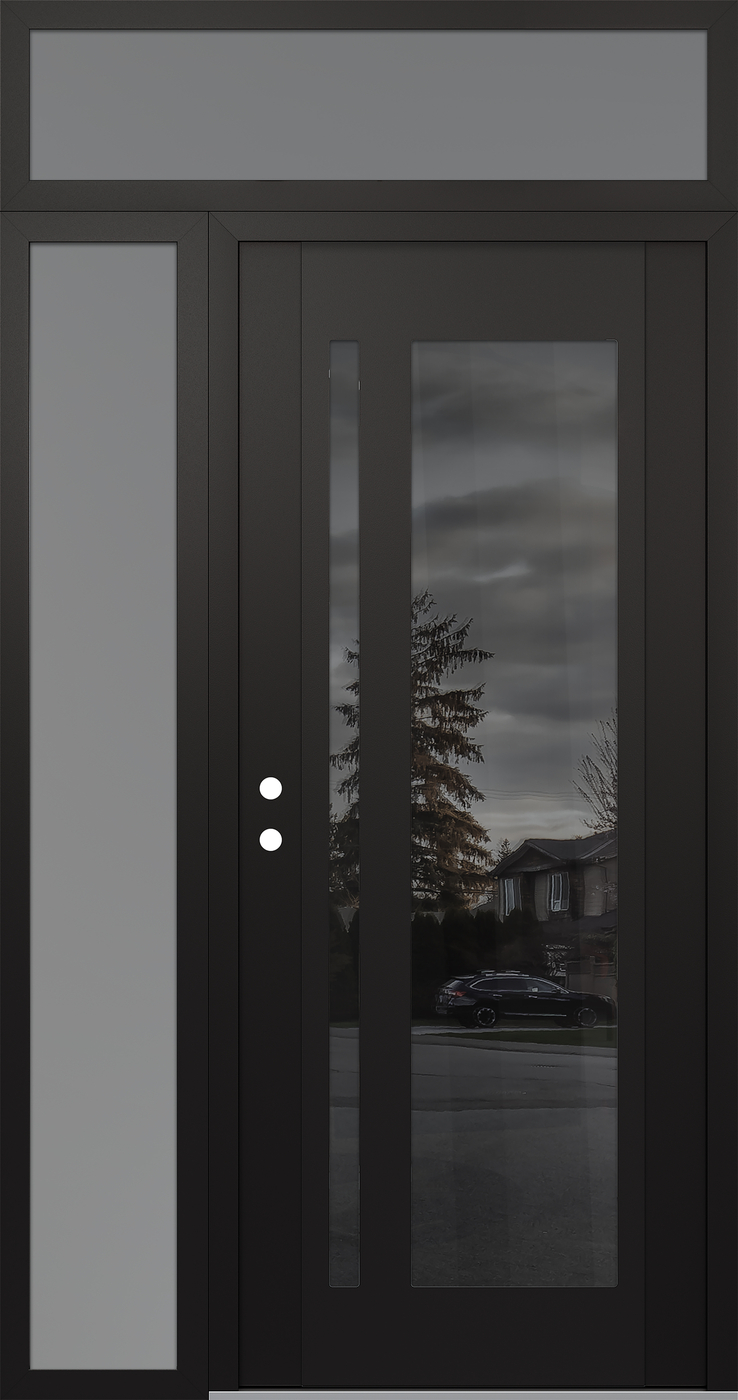 Modern Steel Front Door Diamond C15 52" x 96" black/black mirrored Glass Panel black RHI with Sidelite and Transom frosted Glass