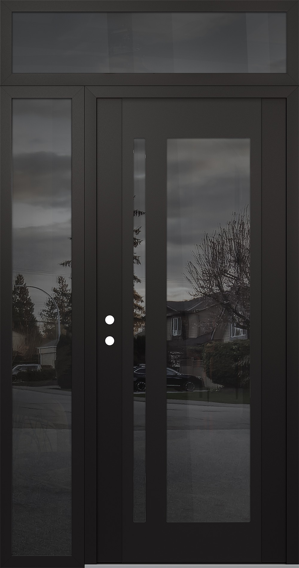 Modern Steel Front Door Diamond C15 52" x 96" black/black mirrored Glass Panel black RHI with Sidelite and Transom mirrored Glass