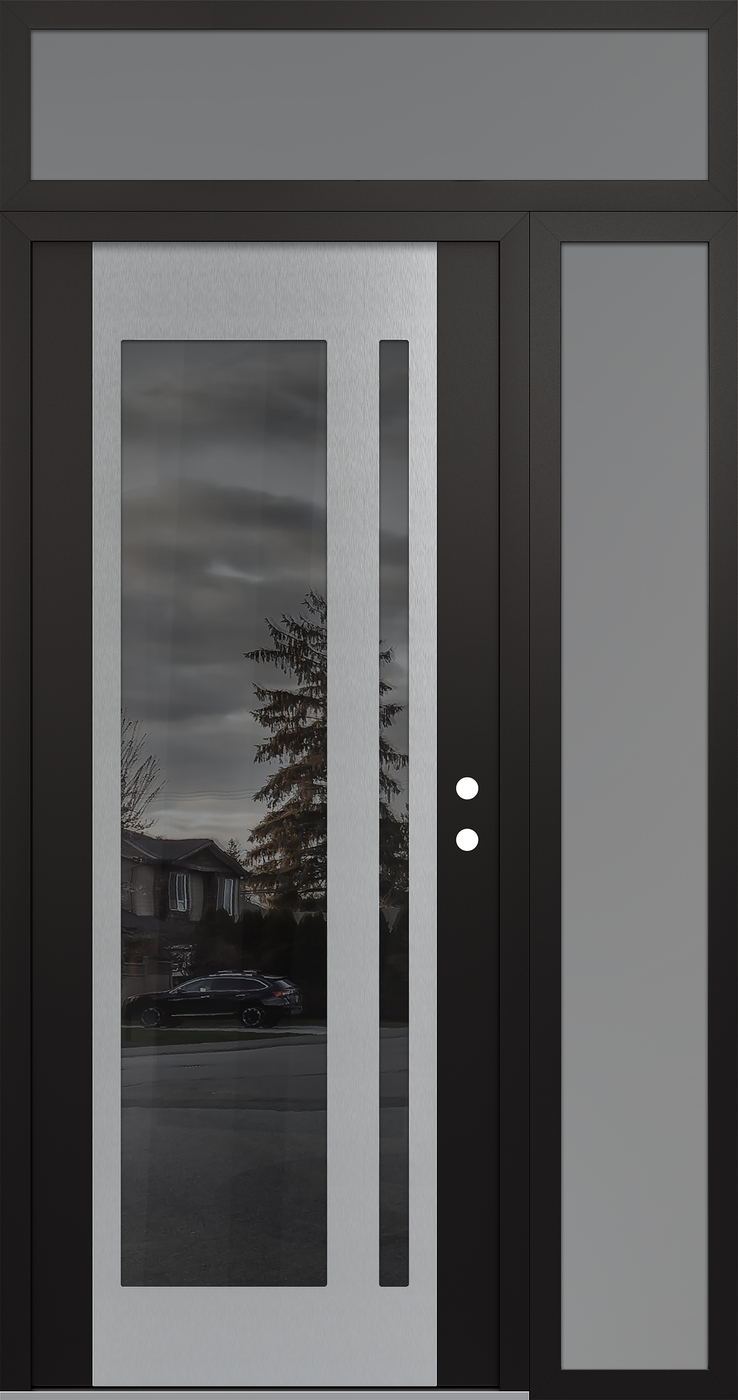 Modern Steel Front Door Diamond C15 52" x 96" black/black mirrored Glass Panel stainless steel LHI with Sidelite and Transom frosted Glass