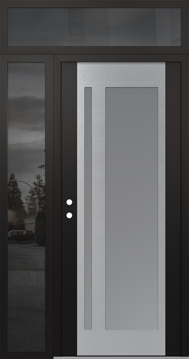 Modern Steel Front Door Diamond C15 52" x 96" black/white frosted Glass Panel stainless steel RHI with Sidelite and Transom mirrored Glass