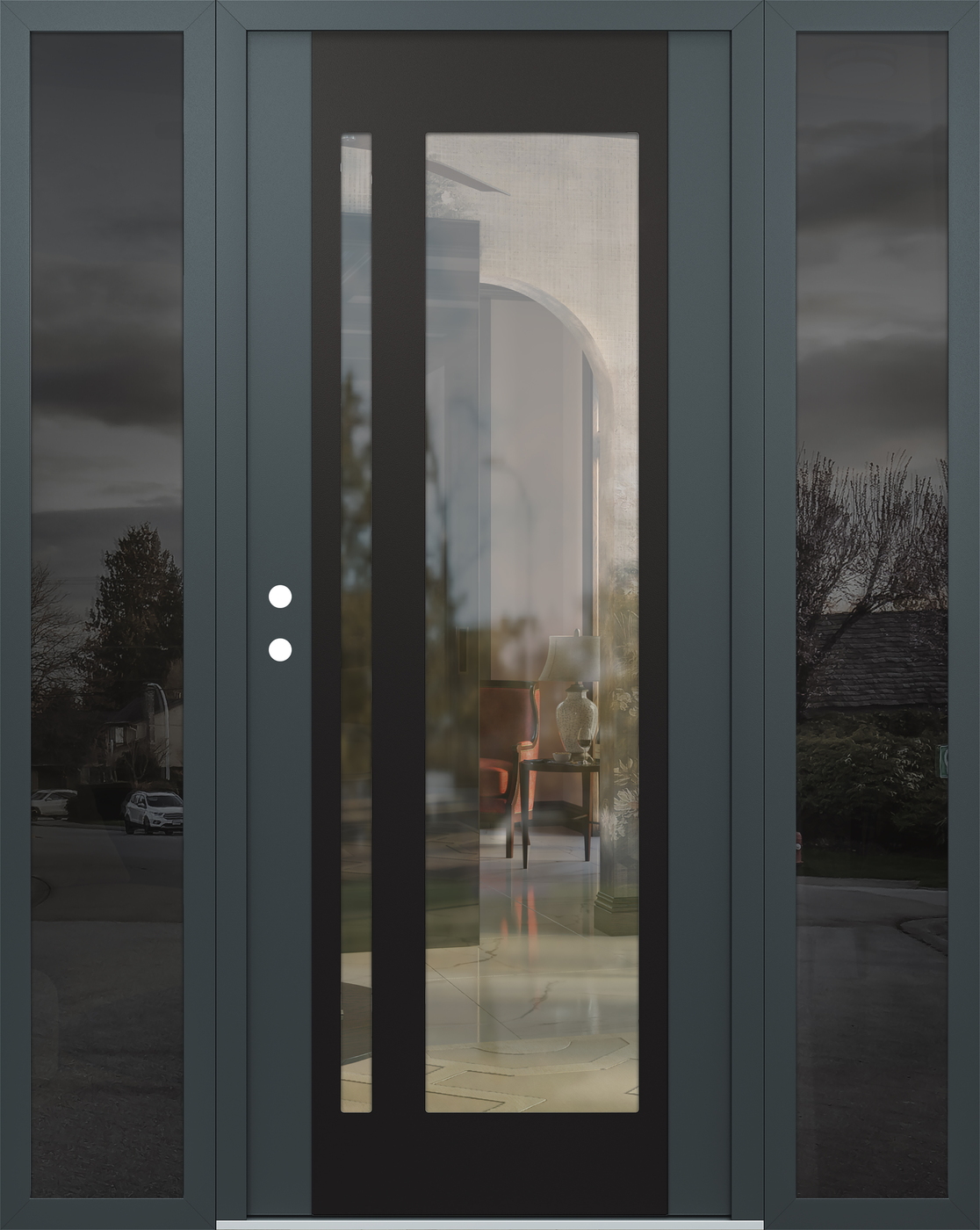Modern Steel Front Door Diamond C15 60" x 80" anthracite/anthracite clear Glass Panel black RHI with 2 Sidelites mirrored Glass