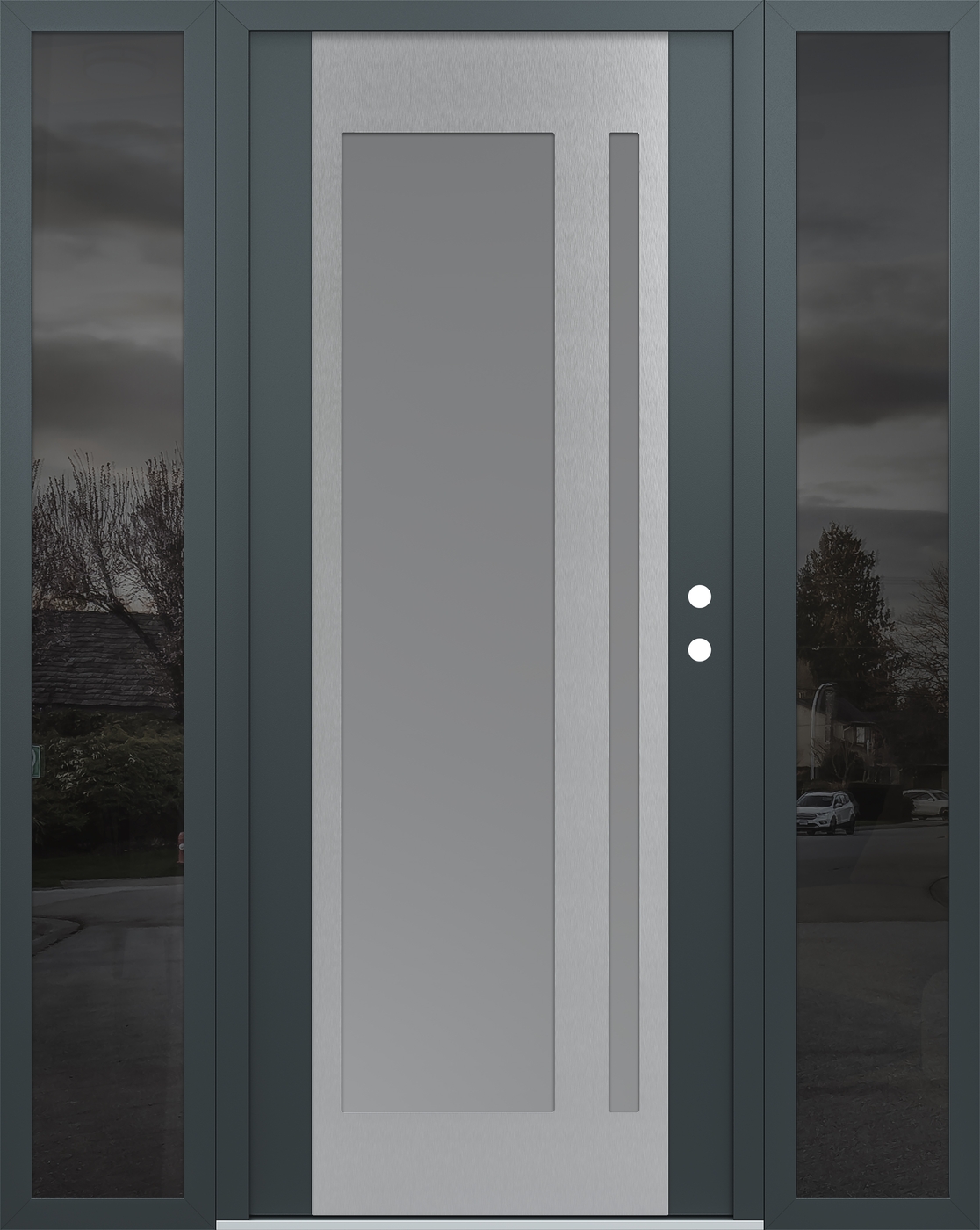 Modern Steel Front Door Diamond C15 60" x 80" anthracite/anthracite frosted Glass Panel stainless steel LHI with 2 Sidelites mirrored Glass
