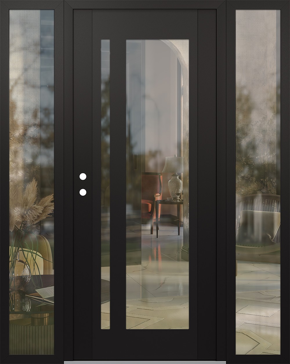Modern Steel Front Door Diamond C15 60" x 80" black/black clear Glass Panel black RHI with 2 Sidelites clear Glass