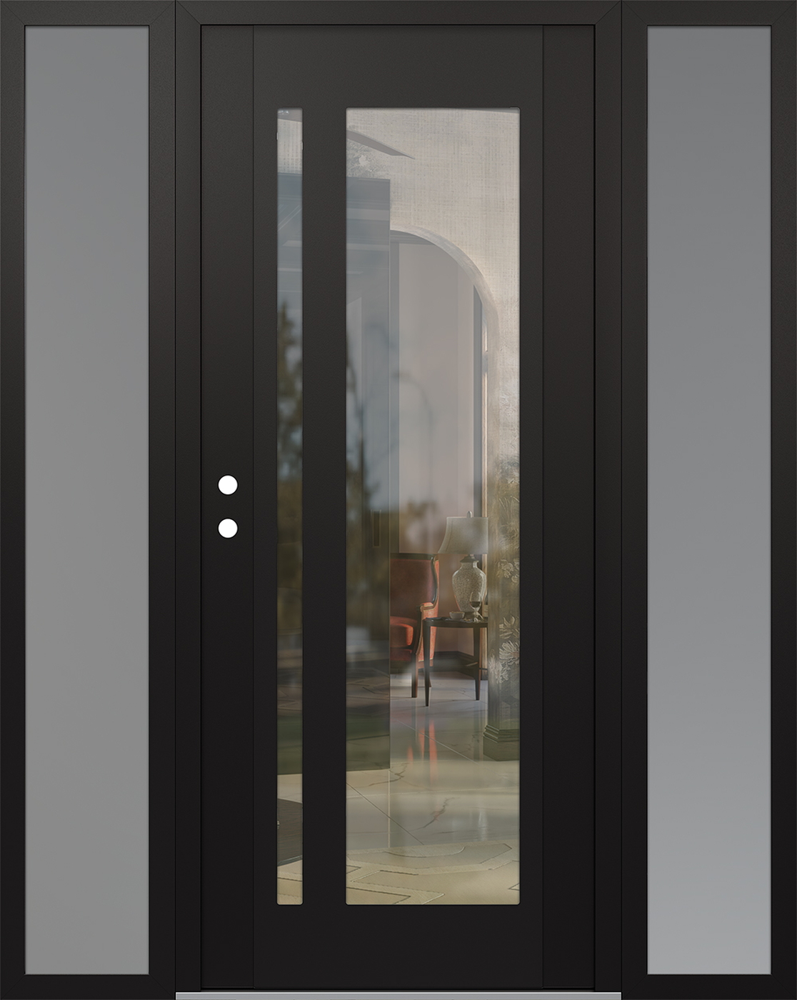 Modern Steel Front Door Diamond C15 60" x 80" black/black clear Glass Panel black RHI with 2 Sidelites frosted Glass