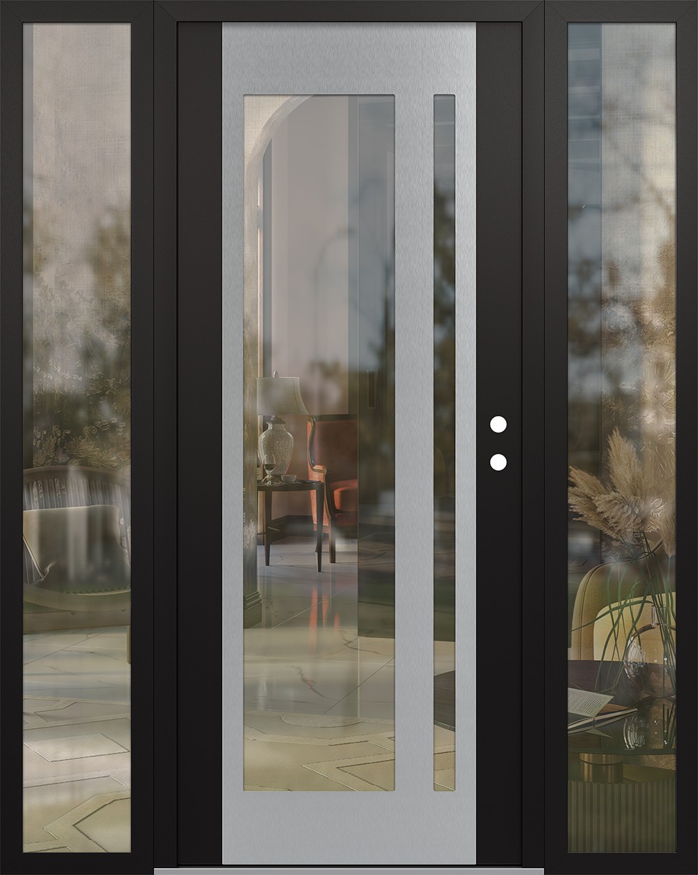 Modern Steel Front Door Diamond C15 60" x 80" black/black clear Glass Panel stainless steel LHI with 2 Sidelites clear Glass