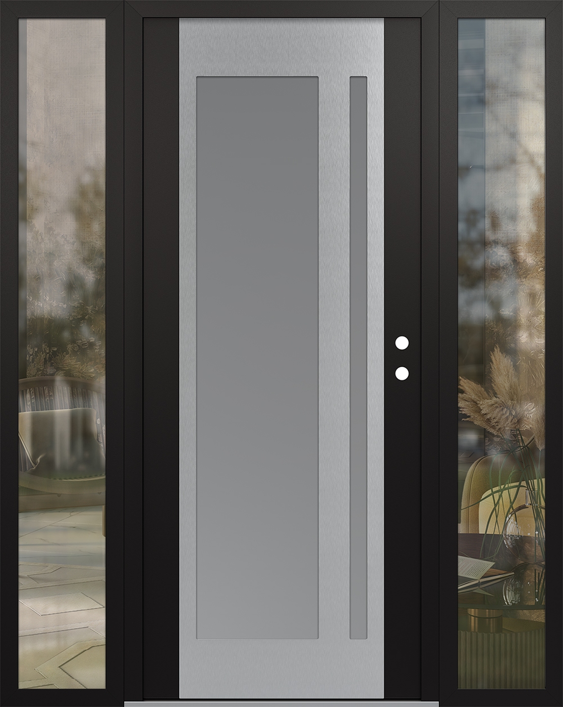 Modern Steel Front Door Diamond C15 60" x 80" black/white frosted Glass Panel stainless steel LHI with 2 Sidelites clear Glass