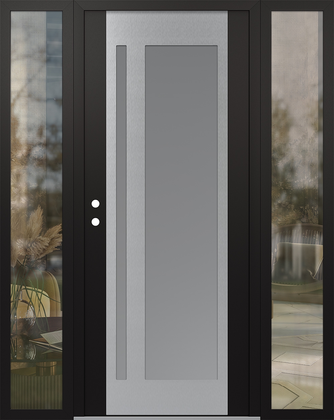 Modern Steel Front Door Diamond C15 60" x 80" black/white frosted Glass Panel stainless steel RHI with 2 Sidelites clear Glass