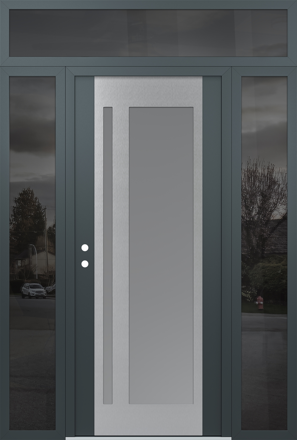 Modern Steel Front Door Diamond C15 60" x 96" anthracite/anthracite frosted Glass Panel stainless steel RHI with 2 Sidelites and Transom mirrored Glass