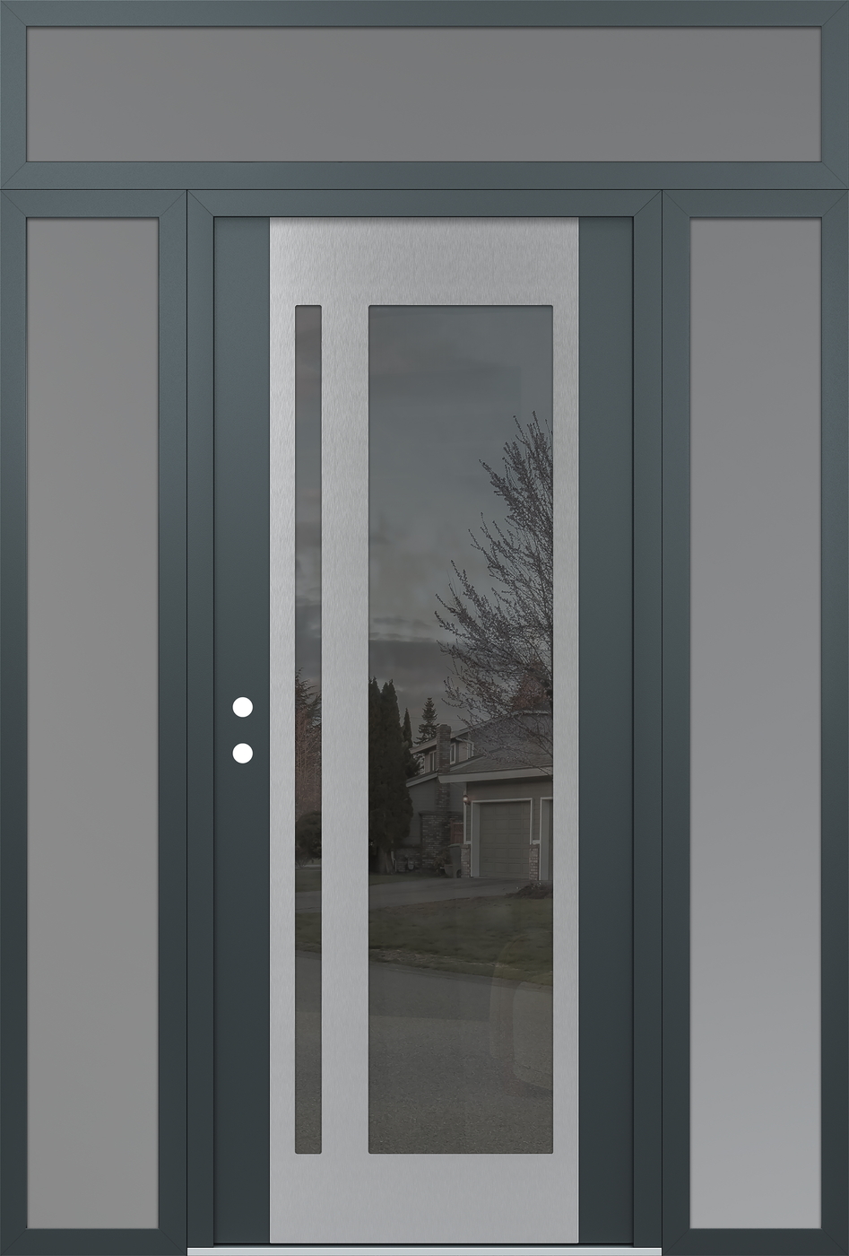 Modern Steel Front Door Diamond C15 60" x 96" anthracite/anthracite mirrored Glass Panel stainless steel RHI with 2 Sidelites and Transom frosted Glass