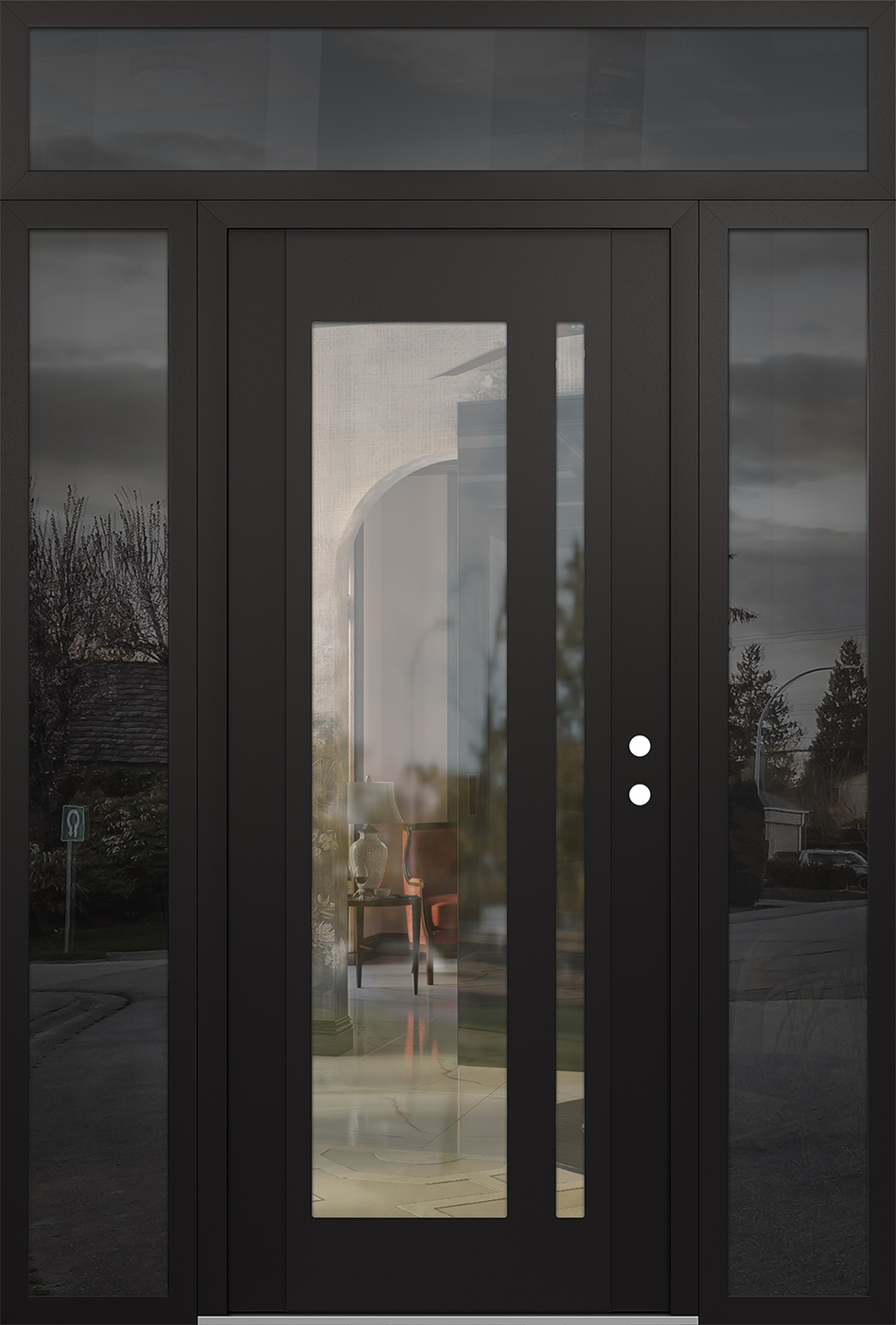 Modern Steel Front Door Diamond C15 60" x 96" black/black clear Glass Panel black LHI with 2 Sidelites and Transom mirrored Glass