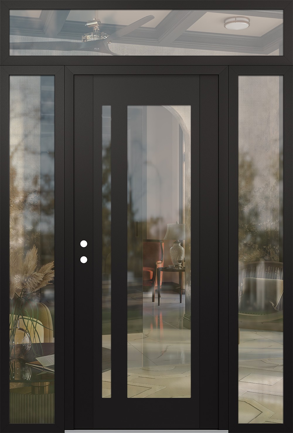 Modern Steel Front Door Diamond C15 60" x 96" black/black clear Glass Panel black RHI with 2 Sidelites and Transom clear Glass