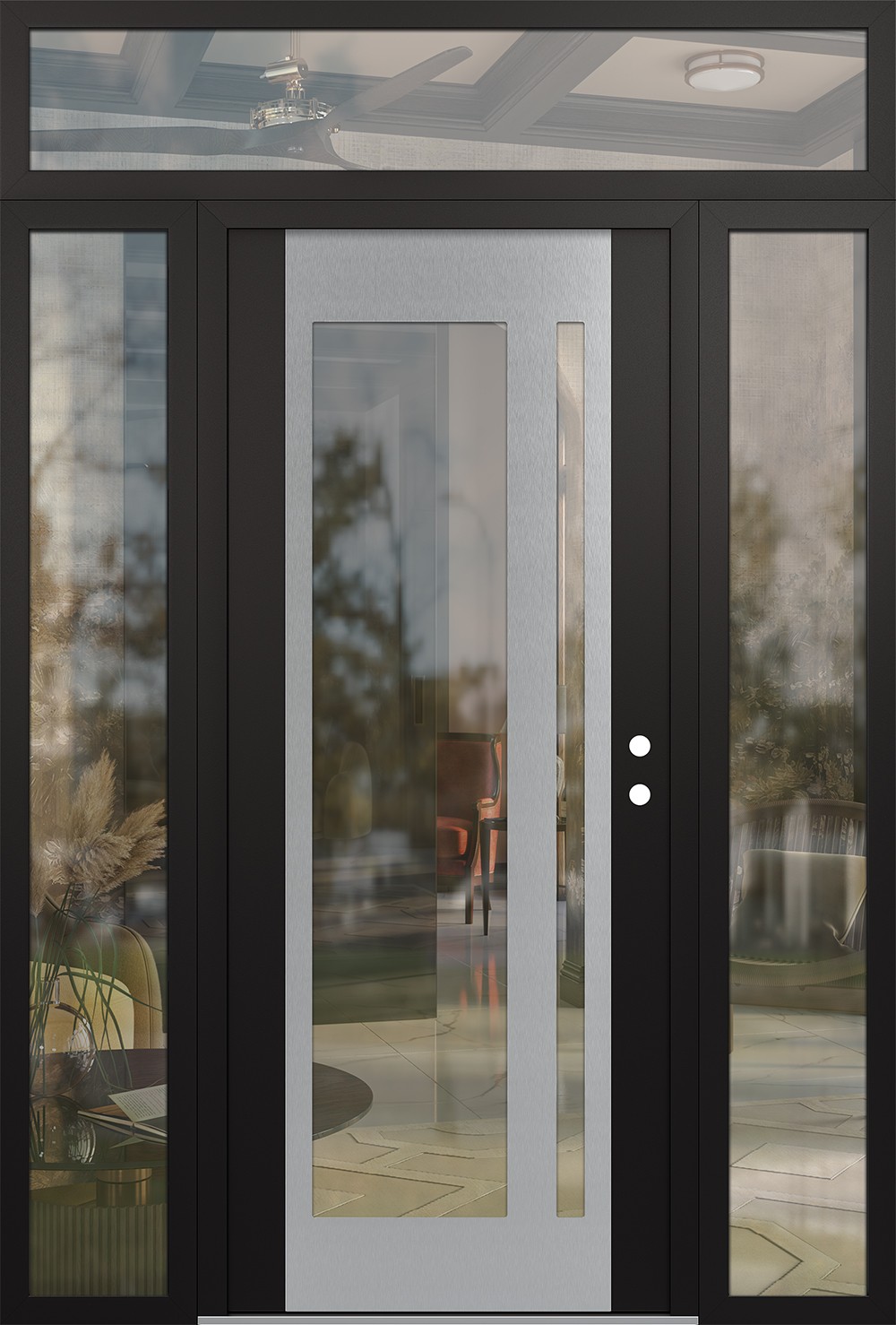 Modern Steel Front Door Diamond C15 60" x 96" black/black clear Glass Panel stainless steel LHI with 2 Sidelites and Transom clear Glass
