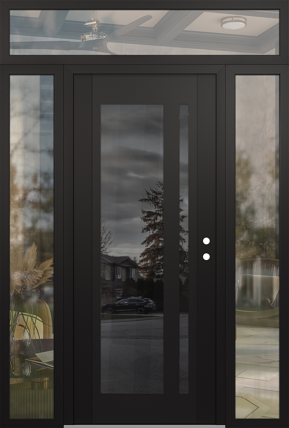 Modern Steel Front Door Diamond C15 60" x 96" black/black mirrored Glass Panel black LHI with 2 Sidelites and Transom clear Glass