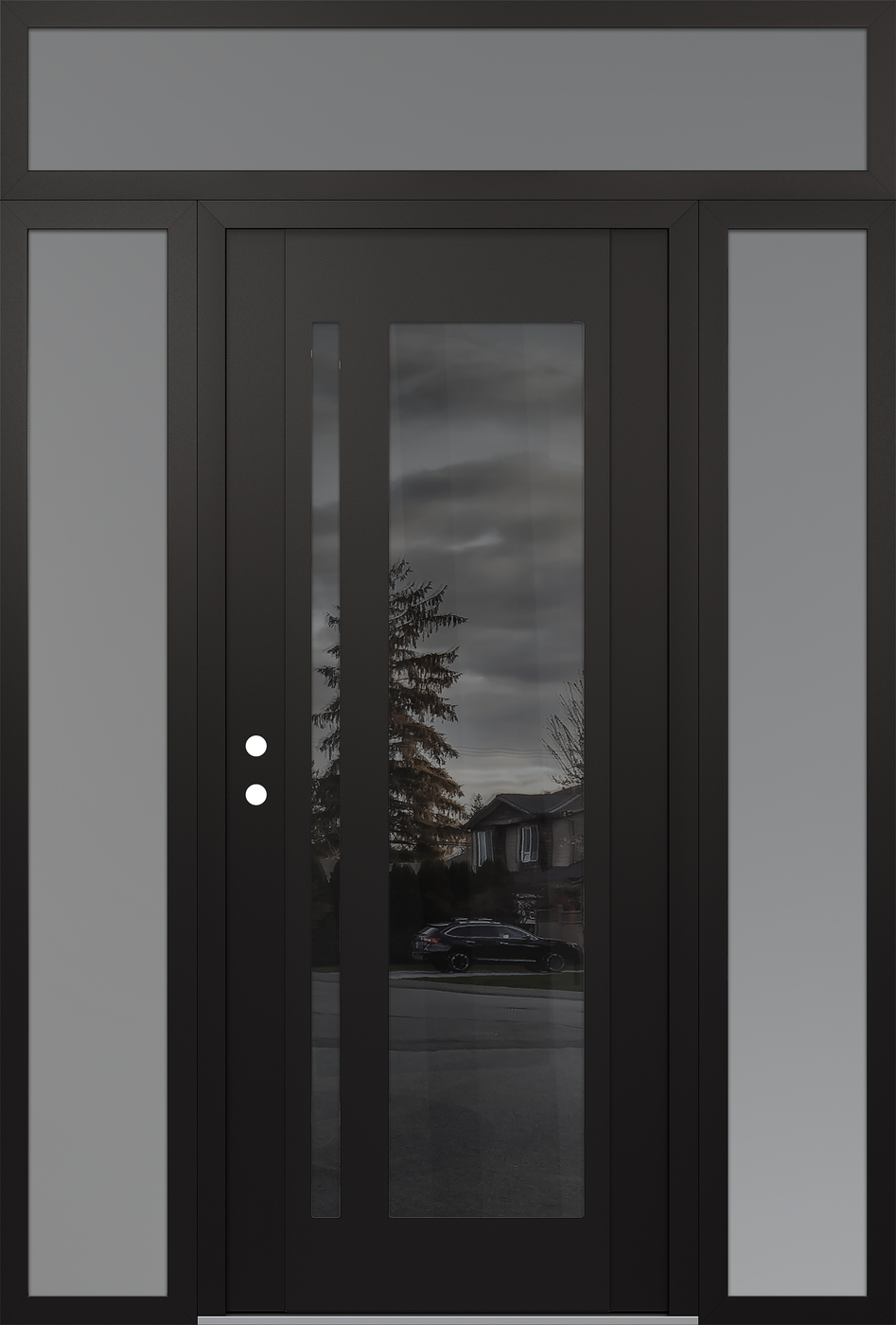 Modern Steel Front Door Diamond C15 60" x 96" black/black mirrored Glass Panel black RHI with 2 Sidelites and Transom frosted Glass