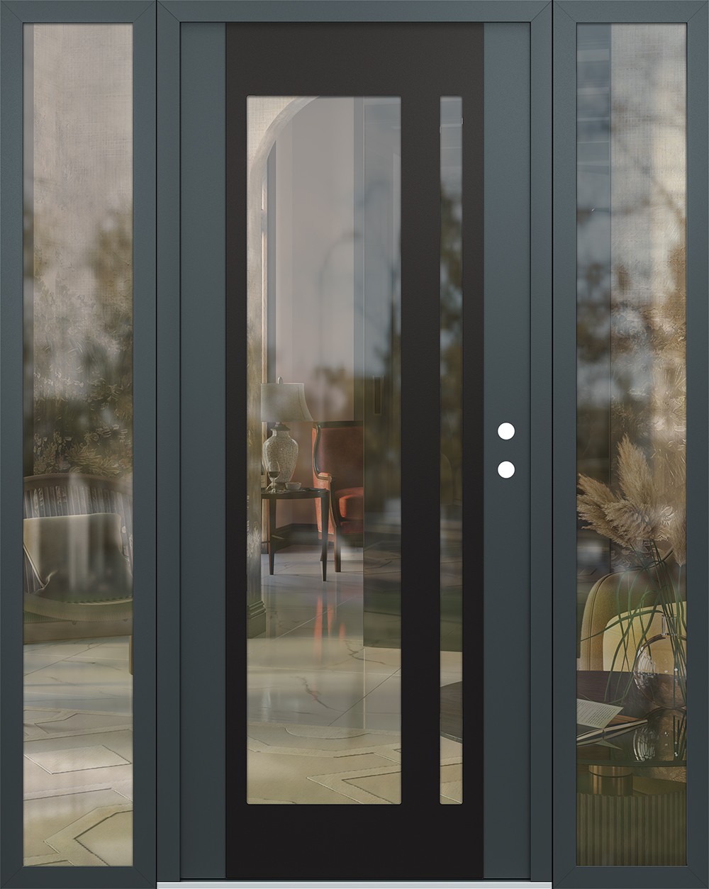 Modern Steel Front Door Diamond C15 64" x 80" anthracite/anthracite clear Glass Panel black LHI with 2 Sidelites clear Glass