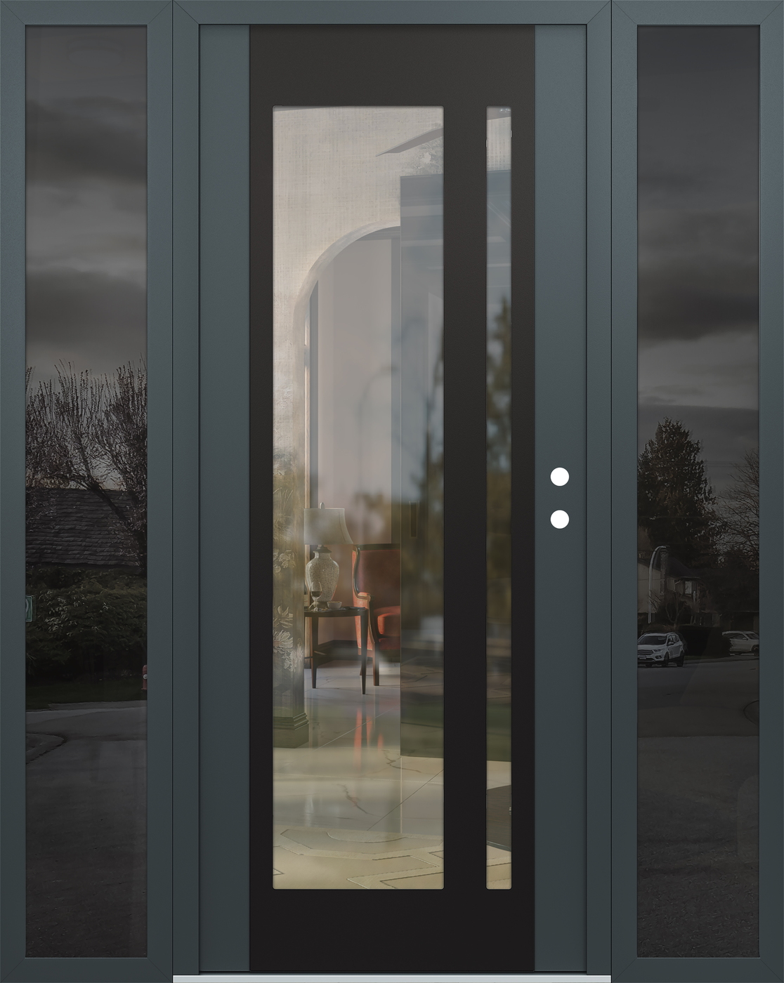 Modern Steel Front Door Diamond C15 64" x 80" anthracite/anthracite clear Glass Panel black LHI with 2 Sidelites mirrored Glass