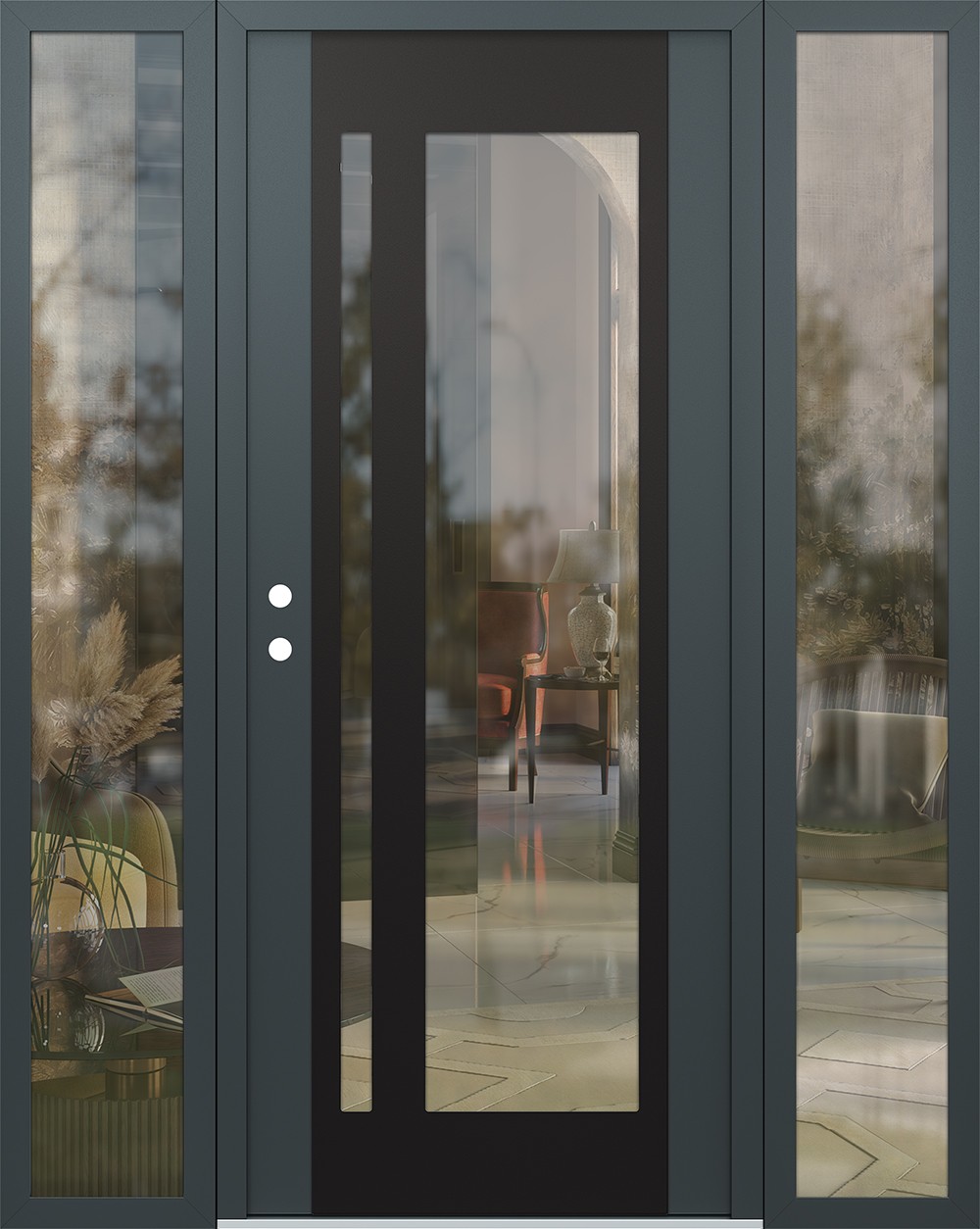 Modern Steel Front Door Diamond C15 64" x 80" anthracite/anthracite clear Glass Panel black RHI with 2 Sidelites clear Glass