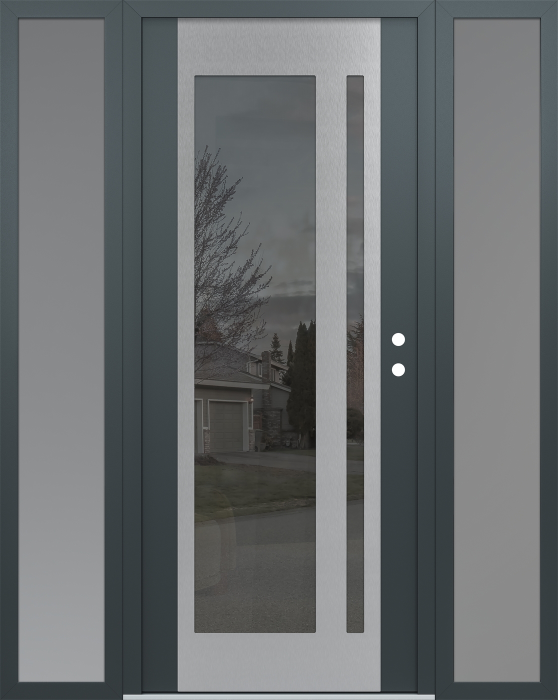 Modern Steel Front Door Diamond C15 64" x 80" anthracite/anthracite mirrored Glass Panel stainless steel LHI with 2 Sidelites frosted Glass