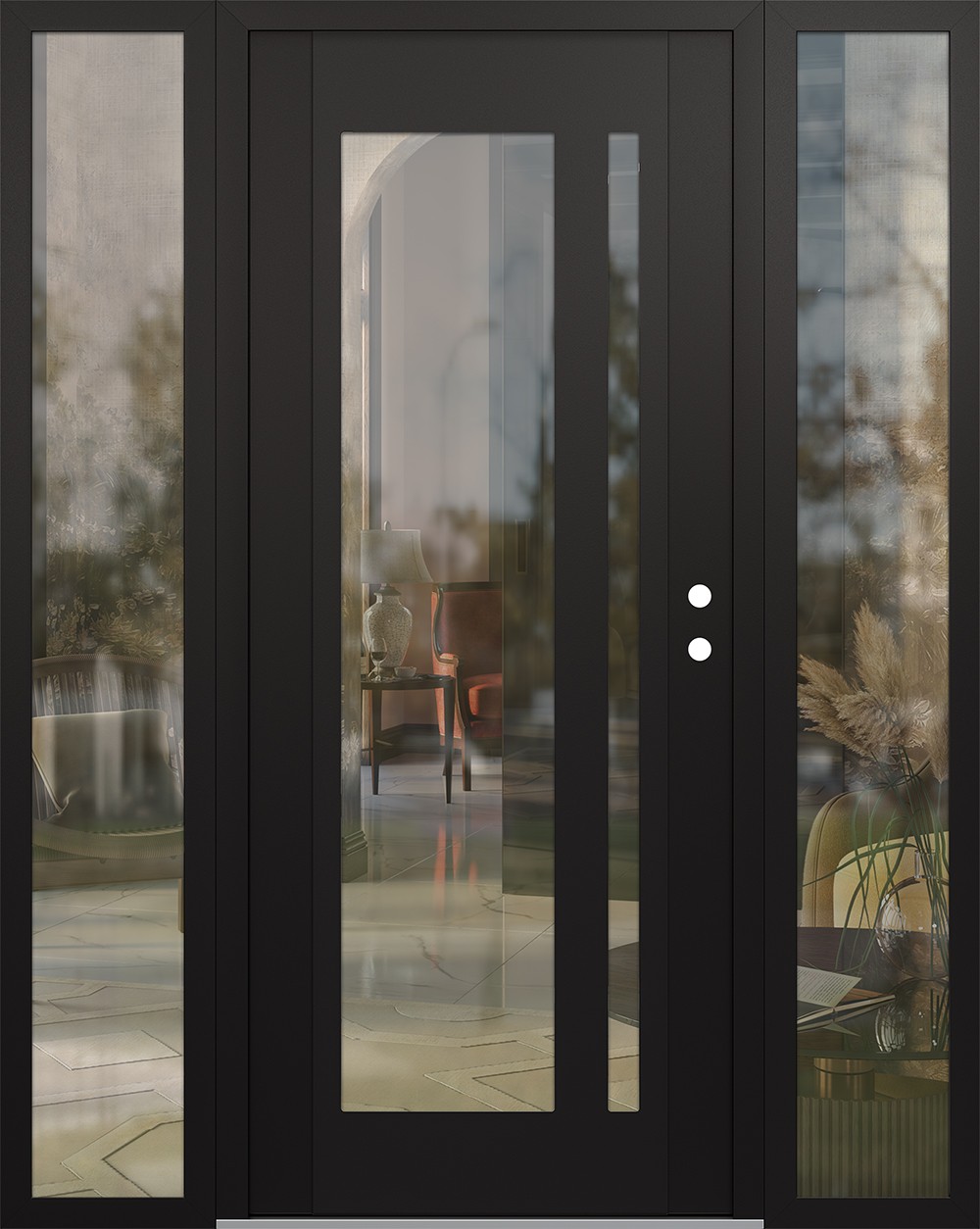 Modern Steel Front Door Diamond C15 64" x 80" black/black clear Glass Panel black LHI with 2 Sidelites clear Glass