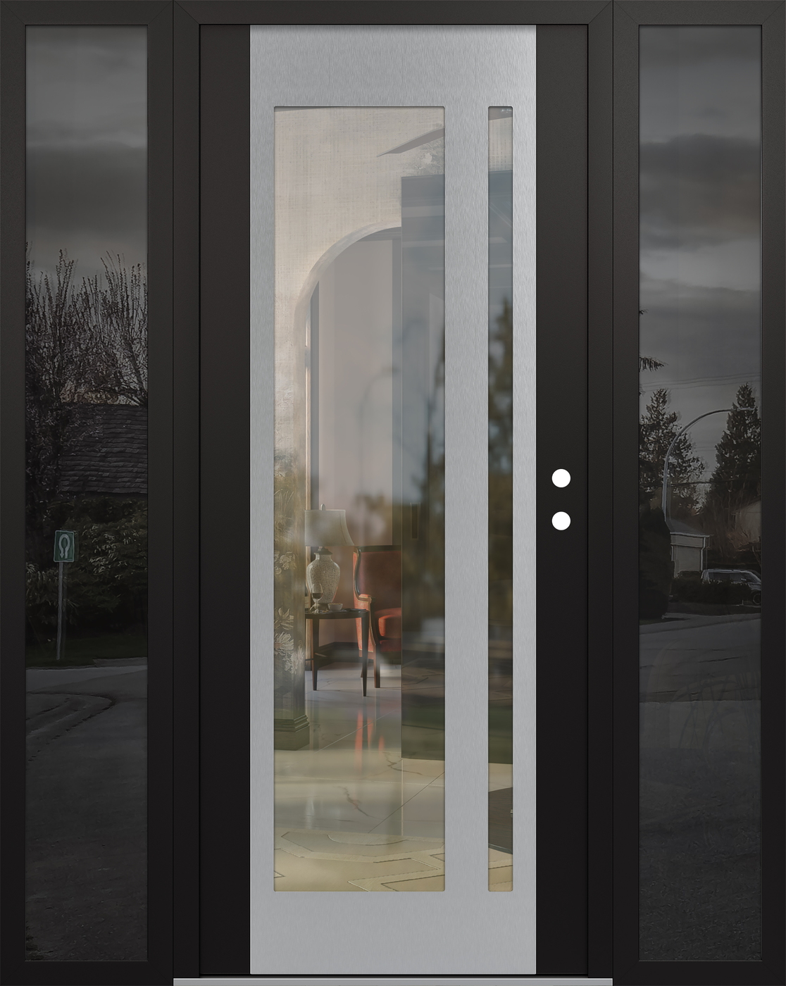 Modern Steel Front Door Diamond C15 64" x 80" black/black clear Glass Panel stainless steel LHI with 2 Sidelites mirrored Glass