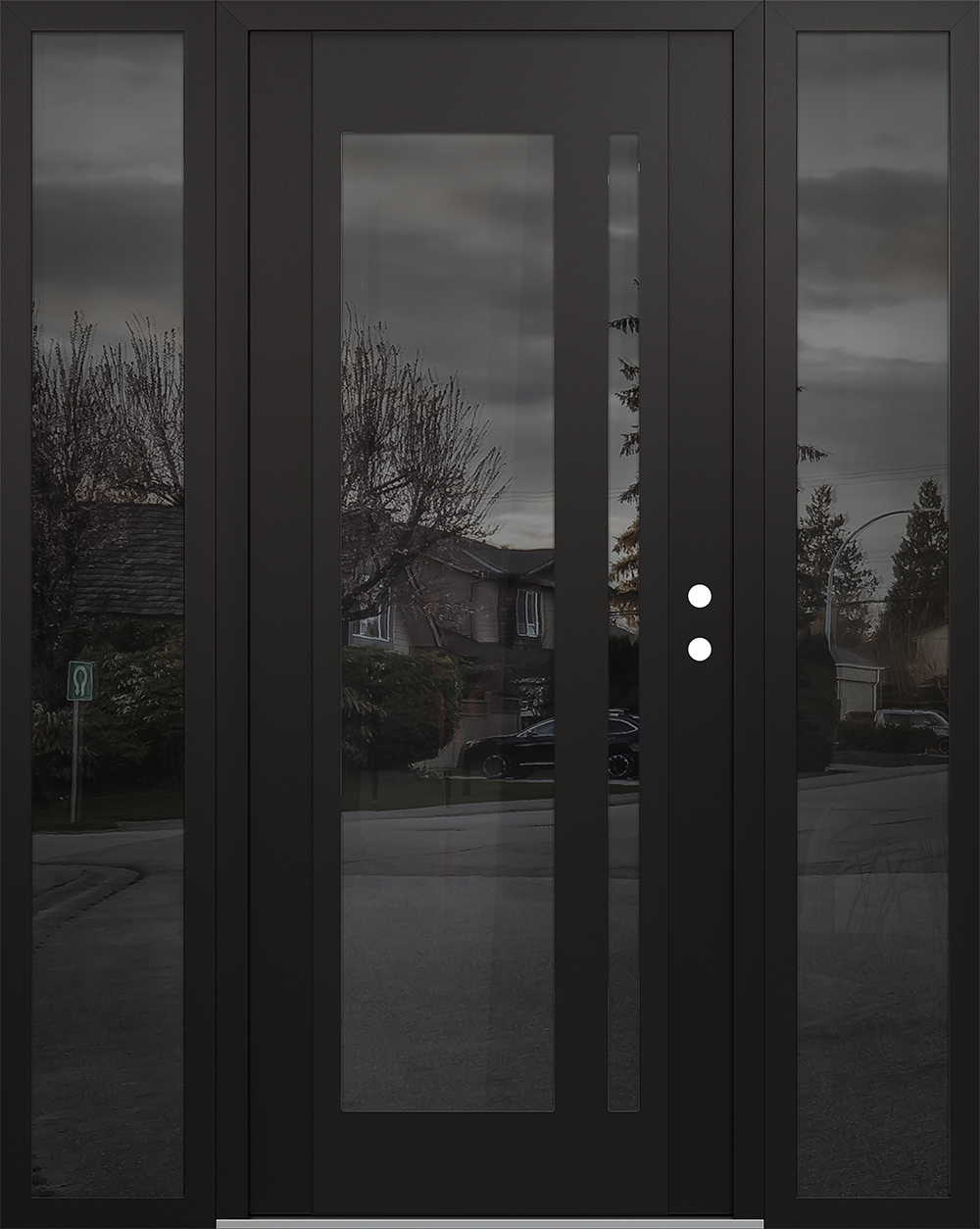Modern Steel Front Door Diamond C15 64" x 80" black/black mirrored Glass Panel black LHI with 2 Sidelites mirrored Glass