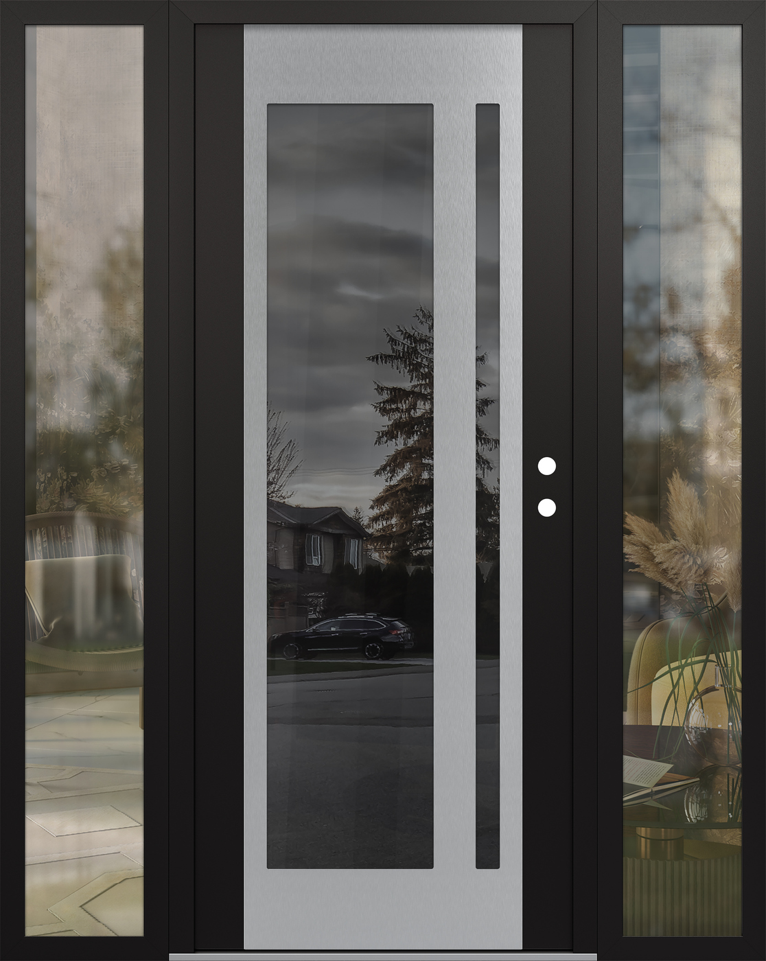 Modern Steel Front Door Diamond C15 64" x 80" black/black mirrored Glass Panel stainless steel LHI with 2 Sidelites clear Glass